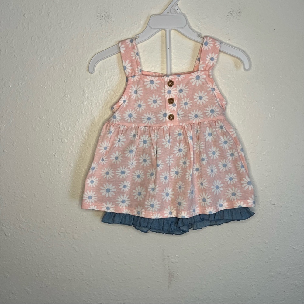 Girls Two-Piece Knit Tank & Skirt Set with Pink Daisy Top and Blue Shorts - Picture 7 of 15